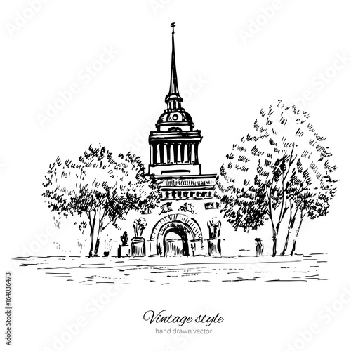 Admiralty spire of Saint Petersburg landmark, Russia, hand drawn engraving vector illustration isolated on white, vintage style ink sketch building for touristic postcard, poster, calendar template