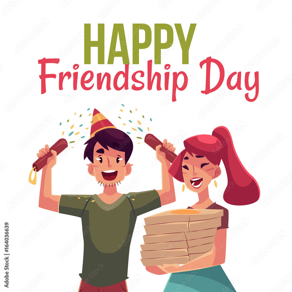 Happy friendship day greeting card design with friends having fun ...