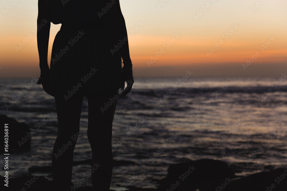 Silhouette of a girl with ocean / sea background.