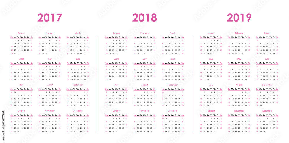 Calendar template for 2017, 2018, 2019 - obrazy, fototapety, plakaty 