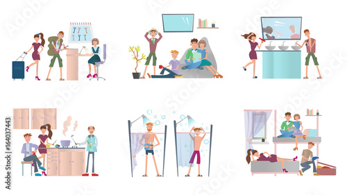 Young people living in hostel. Men and women in cheap hotel. Vector illustration set, isolated on white background.