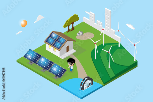 isometric city and home with solar panels, hydraulic turbine, wind turbines, renewable energy concept