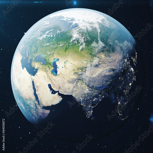 Fototapeta Naklejka Na Ścianę i Meble -  3D Rendering Planet earth from the space at night. The World Globe from Space in a star field showing the terrain and clouds Elements of this image furnished by NASA.