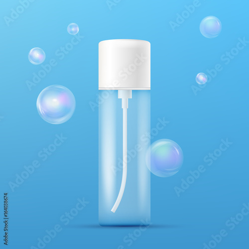 Clean plastic bottle template with dispenser for deodorant, soap, shampoo, shower gel, lotion, body milk and realistic transparent colorful soap bubbles. Ready for your design. Packaging collection.