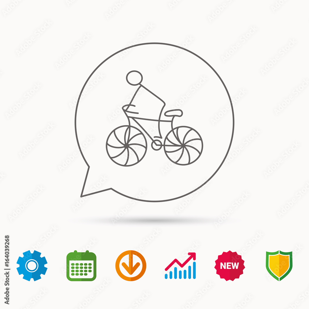 Biking sport icon. Bicycle race sign. Professional cyclist symbol. Calendar, Graph chart and Cogwheel signs. Download and Shield web icons. Vector