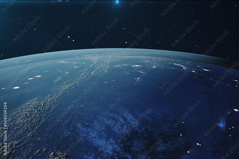 Fototapeta premium 3D Rendering Planet earth from the space at night. The World Globe from Space in a star field showing the terrain and clouds Elements of this image furnished by NASA.