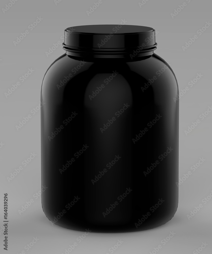 Empty protein powder container, Stock image