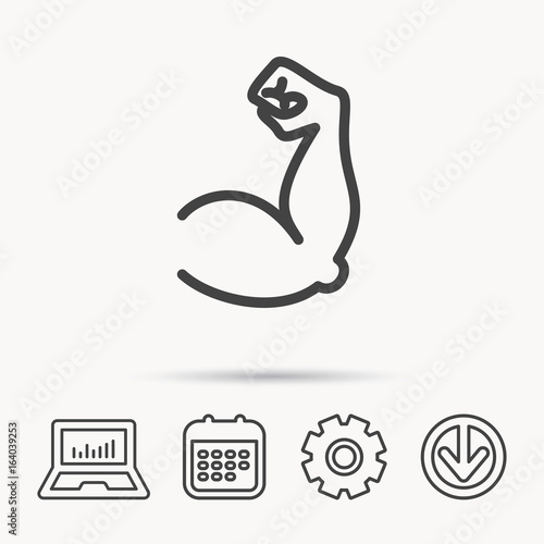 Biceps muscle icon. Bodybuilder strong arm sign. Weightlifting fitness symbol. Notebook, Calendar and Cogwheel signs. Download arrow web icon. Vector