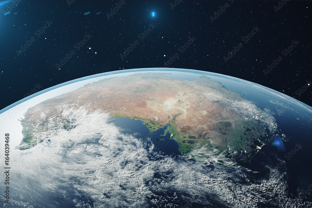 Obraz premium 3D Rendering Planet earth from the space at night. The World Globe from Space in a star field showing the terrain and clouds Elements of this image furnished by NASA.