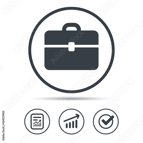 Free Download Briefcase icon. Diplomat handbag symbol. Business case sign. Report document, Graph chart and Check signs. Circle web buttons. Vector - GFXLoad