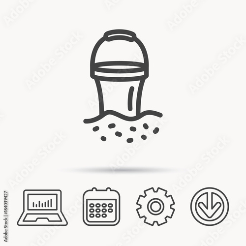Bucket in sand icon. Trash bin sign. Child beach game symbol. Notebook, Calendar and Cogwheel signs. Download arrow web icon. Vector