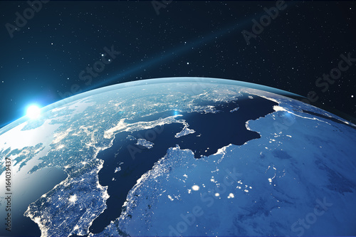 Fototapeta Naklejka Na Ścianę i Meble -  3D Rendering Planet earth from the space at night. The World Globe from Space in a star field showing the terrain and clouds Elements of this image furnished by NASA.