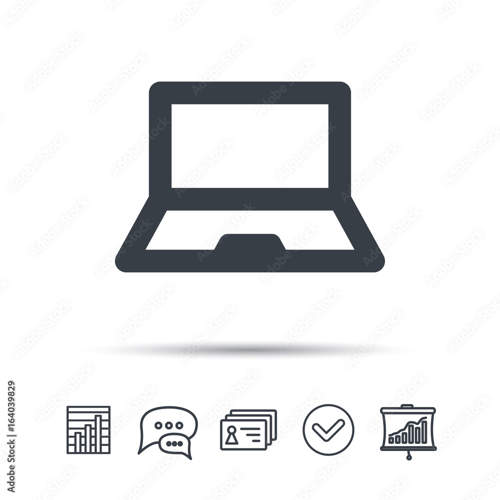 Computer icon. Notebook or laptop pc symbol. Chat speech bubble, chart and presentation signs. Contacts and tick web icons. Vector Computer icon. Notebook or laptop pc symbol. Chat speech bubble, chart and presentation signs. Contacts and tick web icons. Vector