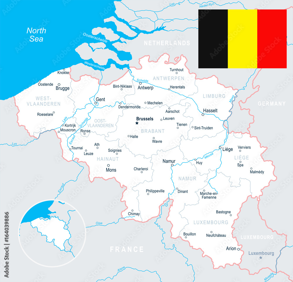Brussels, Antwerp, Gent, Bruges - map and flag illustration