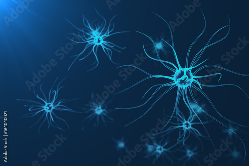 Conceptual illustration of neuron cells with glowing link knots. Synapse and Neuron cells sending electrical chemical signals. Neuron of Interconnected neurons with electrical pulses  3D rendering