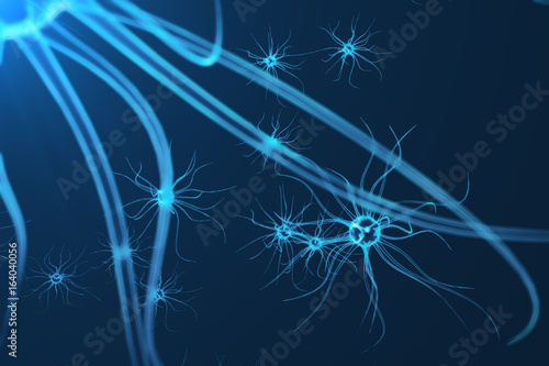 Conceptual illustration of neuron cells with glowing link knots. Synapse and Neuron cells sending electrical chemical signals. Neuron of Interconnected neurons with electrical pulses  3D rendering