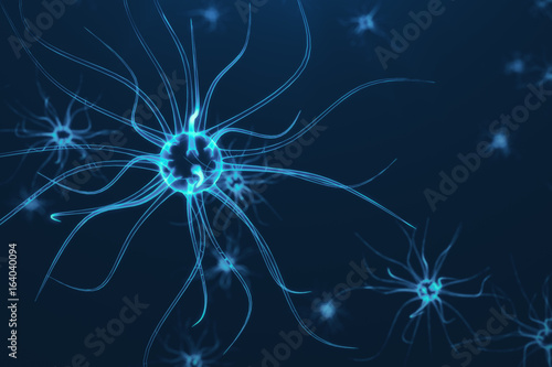 Conceptual illustration of neuron cells with glowing link knots. Synapse and Neuron cells sending electrical chemical signals. Neuron of Interconnected neurons with electrical pulses, 3D rendering