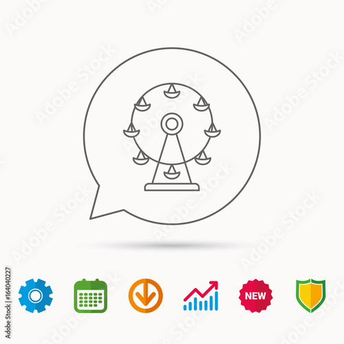 Ferris wheel icon. Entertainment park sign. Calendar  Graph chart and Cogwheel signs. Download and Shield web icons. Vector