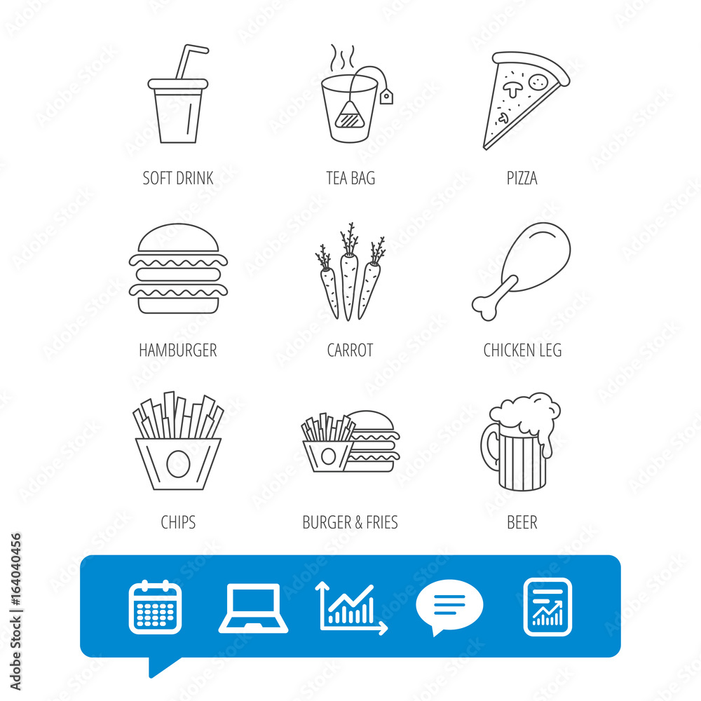 Hamburger, pizza and soft drink icons. Beer, tea bag and chips fries linear signs. Chicken leg, carrot icons. Report file, Graph chart and Chat speech bubble signs. Laptop and Calendar web icons Hamburger, pizza and soft drink icons. Beer, tea bag and chips fries linear signs. Chicken leg, carrot icons. Report file, Graph chart and Chat speech bubble signs. Laptop and Calendar web icons