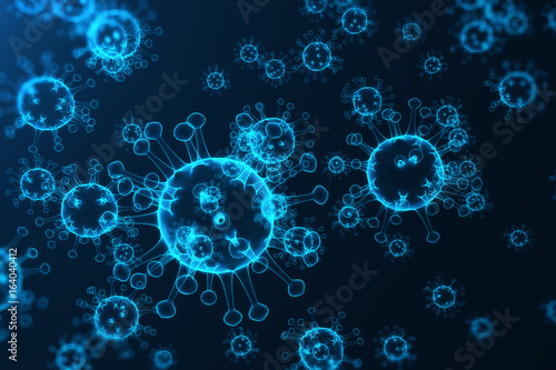 Virus and germs, bacteria, cell infected organism. Influenza Virus H1N1, Swine Flu on abstract background. Blue viruses glowing in attractive colour, 3D rendering © rost9