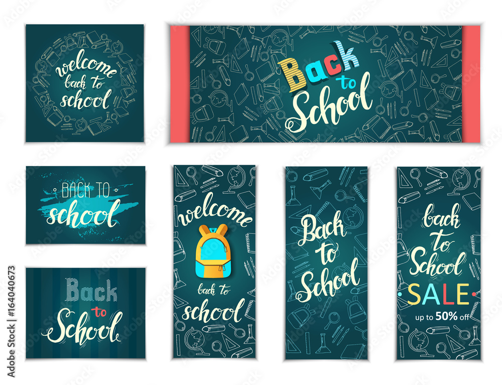 Design Web banners of different  sizes. Hand written trendy quote 'Back to school, Back to school Sale, up to 50%