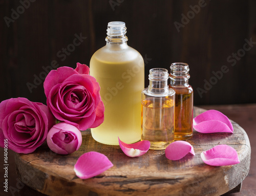 Essential oil and rose flowers aromatherapy spa perfumery