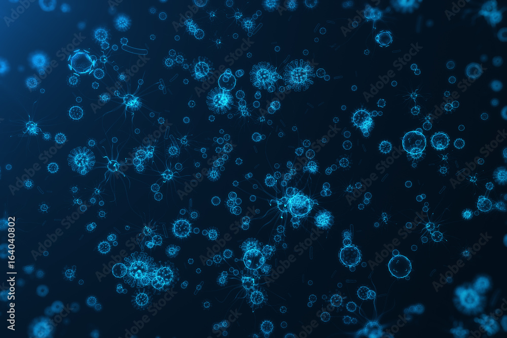 Viruses in infected organism, viral disease epidemic, virus abstract on blue glowing tint background, 3d rendering