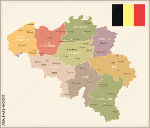 Fotografia, Obraz Belgium - vintage map and flag - illustration