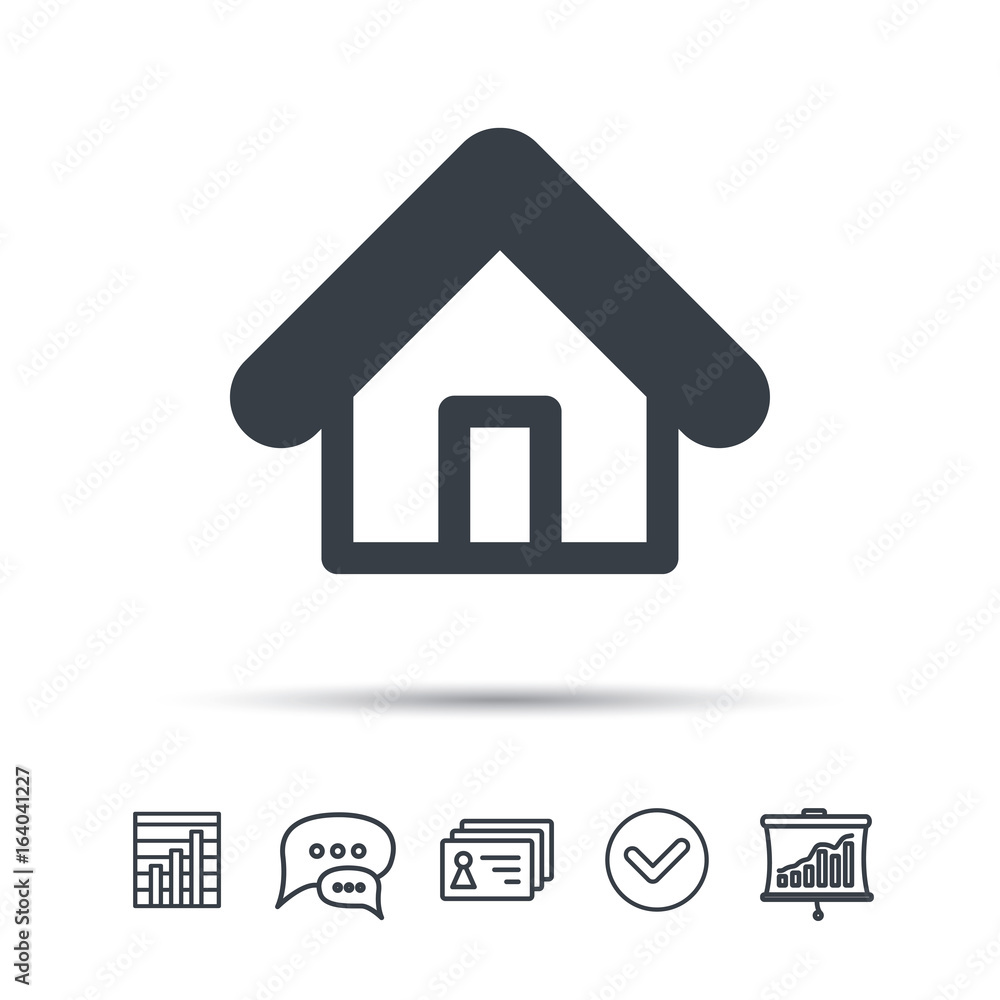 Home icon. House building symbol. Real estate construction. Chat speech bubble, chart and presentation signs. Contacts and tick web icons. Vector Home icon. House building symbol. Real estate construction. Chat speech bubble, chart and presentation signs. Contacts and tick web icons. Vector