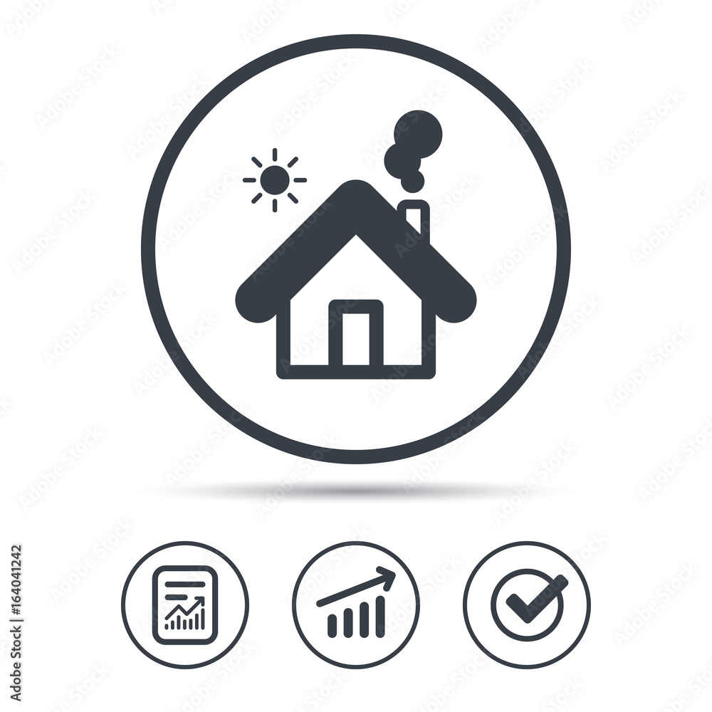 Home icon. House building symbol. Real estate construction. Report document, Graph chart and Check signs. Circle web buttons. Vector Home icon. House building symbol. Real estate construction. Report document, Graph chart and Check signs. Circle web buttons. Vector