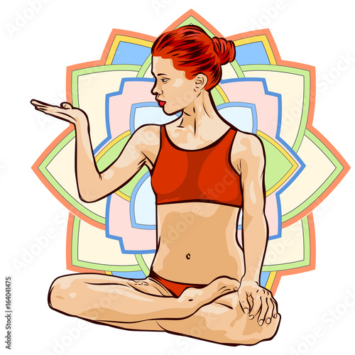 Woman doing yoga exercises. Mandala on the background. Vector image.