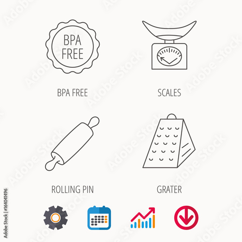 Kitchen scales  rolling pin and grater icons. BPA free linear sign. Calendar  Graph chart and Cogwheel signs. Download colored web icon. Vector