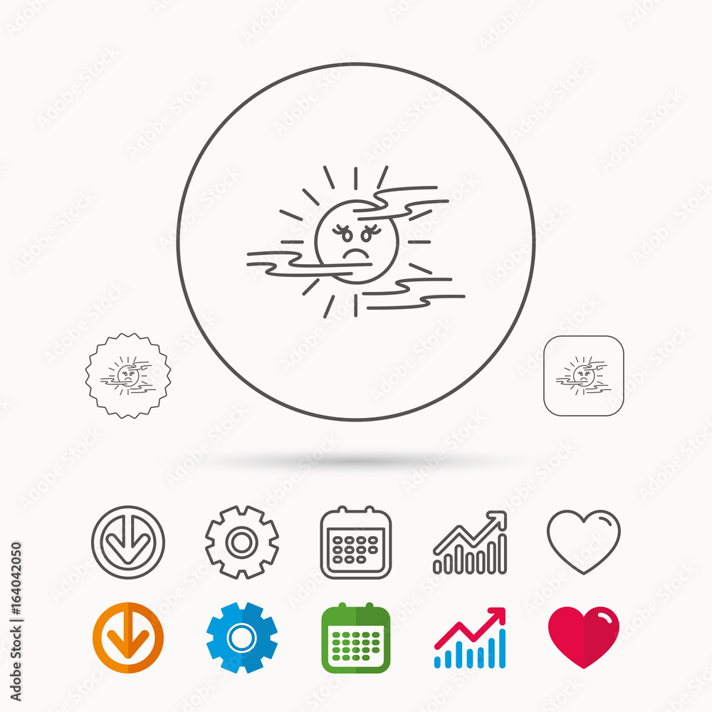 Mist icon. Fog with sun sign. Sunny smile symbol. Calendar, Graph chart and Cogwheel signs. Download and Heart love linear web icons. Vector Mist icon. Fog with sun sign. Sunny smile symbol. Calendar, Graph chart and Cogwheel signs. Download and Heart love linear web icons. Vector