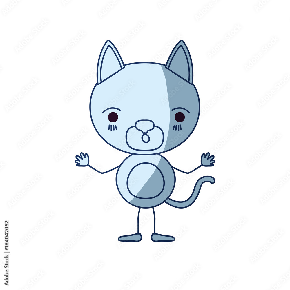 Obraz premium blue color shading silhouette caricature of cute kitten astonished expression vector illustration