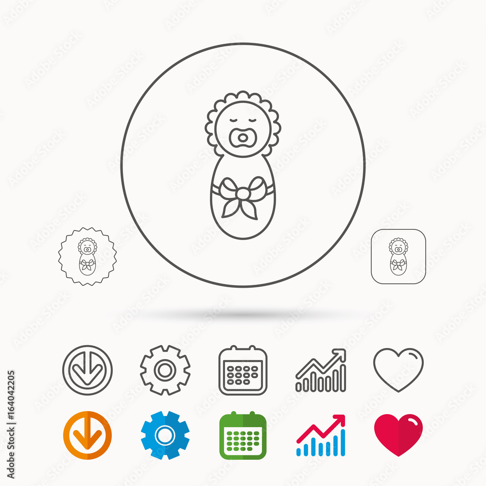 Newborn baby icon. Toddler with bow sign. Child wrapped in blanket symbol. Calendar, Graph chart and Cogwheel signs. Download and Heart love linear web icons. Vector