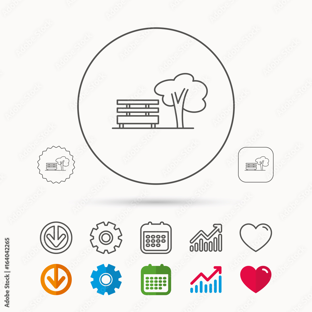 Public park icon. Tree with bench sign. Calendar, Graph chart and Cogwheel signs. Download and Heart love linear web icons. Vector