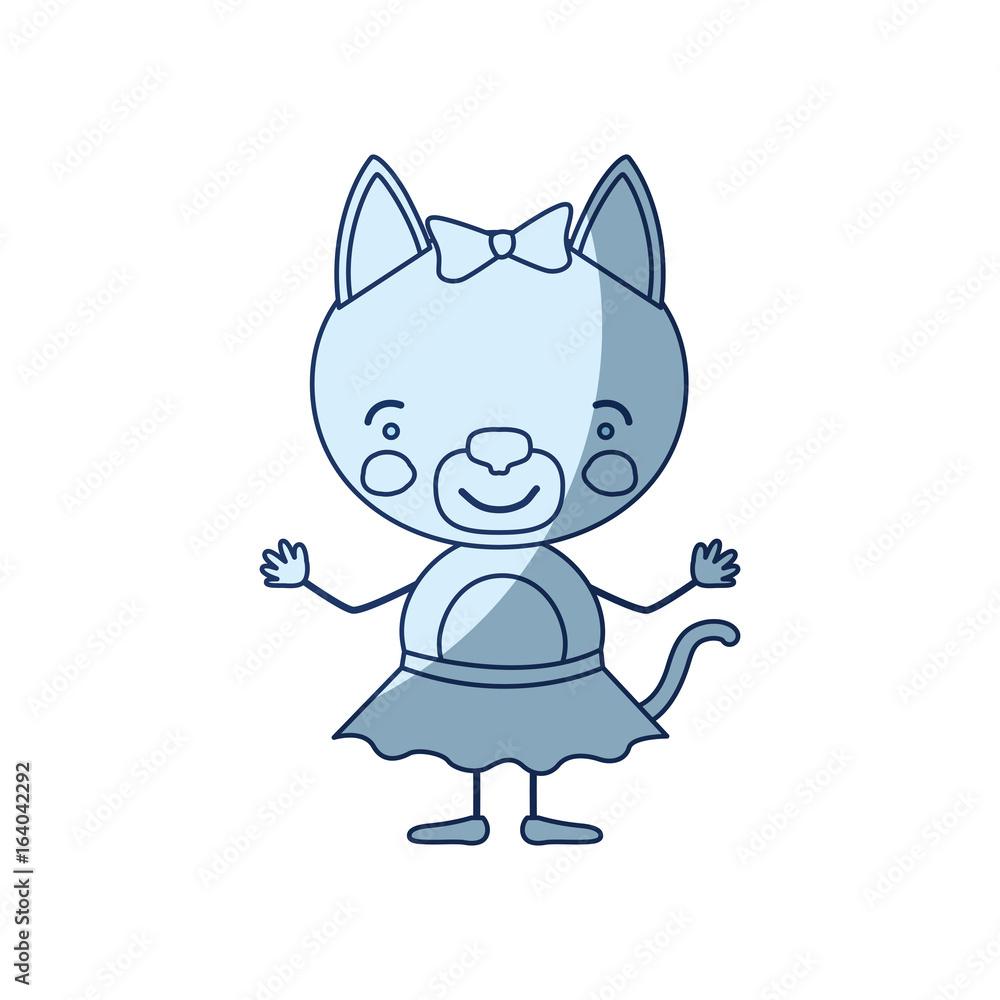 blue color shading silhouette caricature of cute expression female cat in skirt with bow lace vector illustration blue color shading silhouette caricature of cute expression female cat in skirt with bow lace vector illustration