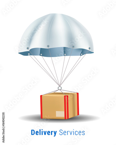 Package are flying on parachute.Delivery Services and E-Commerce Concept.