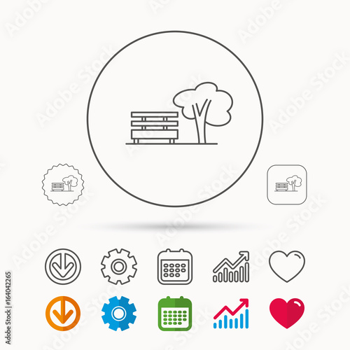Public park icon. Tree with bench sign. Calendar, Graph chart and Cogwheel signs. Download and Heart love linear web icons. Vector
