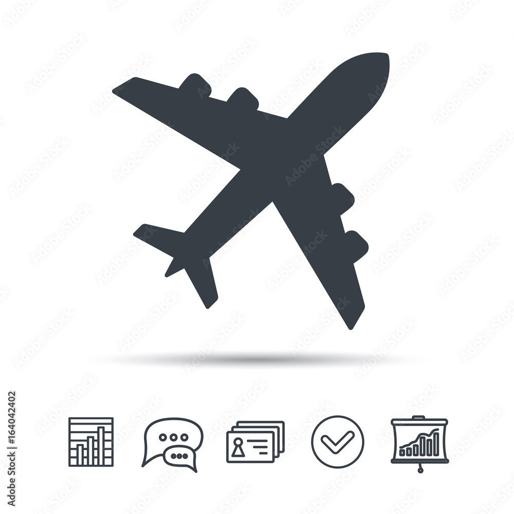 Obraz premium Plane icon. Flight transport symbol. Chat speech bubble, chart and presentation signs. Contacts and tick web icons. Vector