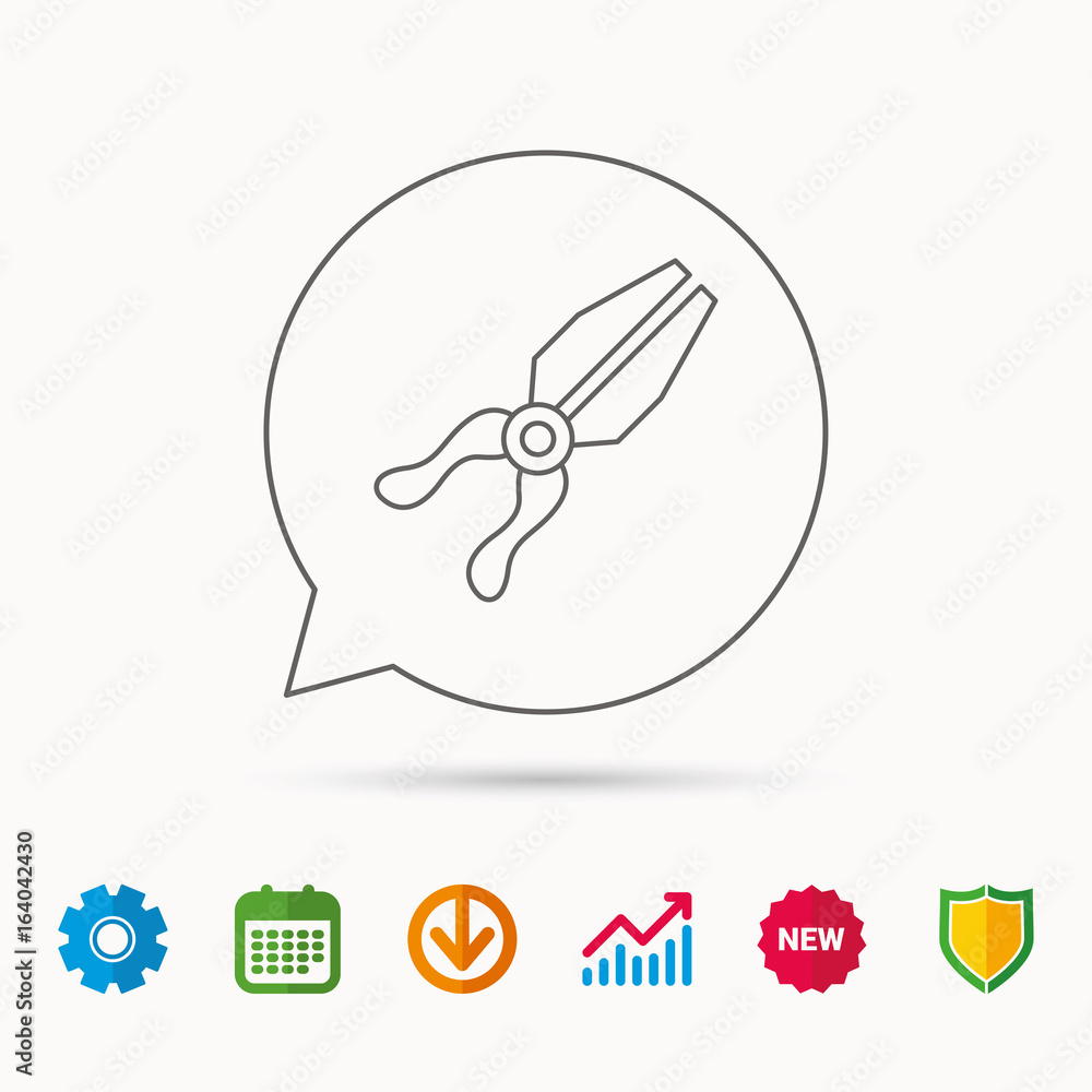 Pliers icon. Repairing fix tool sign. Calendar, Graph chart and Cogwheel signs. Download and Shield web icons. Vector