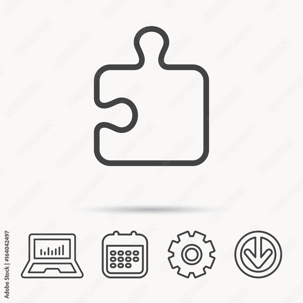 Puzzle icon. Jigsaw logical game sign. Boardgame piece symbol. Notebook, Calendar and Cogwheel signs. Download arrow web icon. Vector