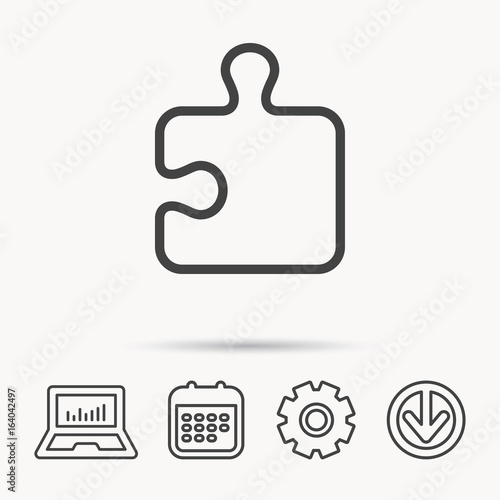 Puzzle icon. Jigsaw logical game sign. Boardgame piece symbol. Notebook, Calendar and Cogwheel signs. Download arrow web icon. Vector