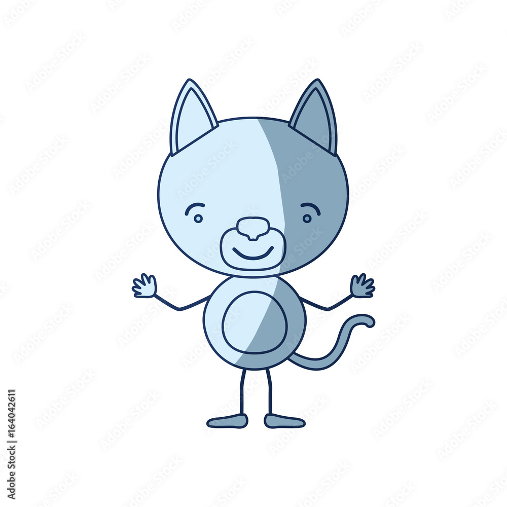 blue color shading silhouette caricature of cat happiness expression vector illustration
