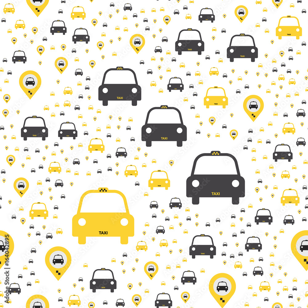 Seamless pattern with Yellow taxi icons with a geolocation icon on a white background. Flat vector illustration EPS 10 Seamless pattern with Yellow taxi icons with a geolocation icon on a white background. Flat vector illustration EPS 10