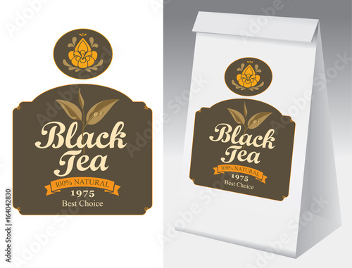 Paper packaging with label for black tea. Vector label for black tea with branch with leaves tea and paper 3d package with this label.