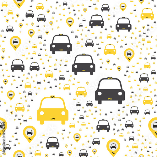 Seamless pattern with Yellow taxi icons with a geolocation icon on a white background. Flat vector illustration EPS 10