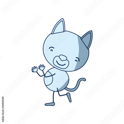 blue color shading silhouette caricature with cute cat dancing vector illustration
