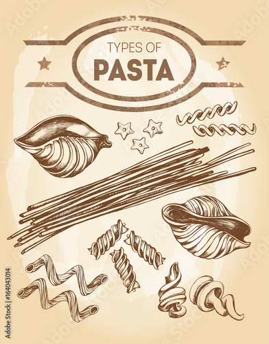 Different types of authentic Italian pasta - conchiglioni, stelline, fusilli bucati, spaghetti, cavatappi, fusilli, trottole. Hand drawn set. Vector illustration.