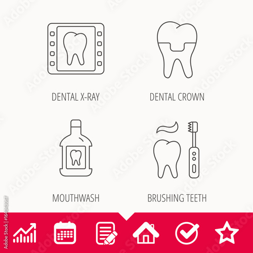 Dental crown  x-ray and brushing teeth icons. Mouthwash linear sign. Edit document  Calendar and Graph chart signs. Star  Check and House web icons. Vector